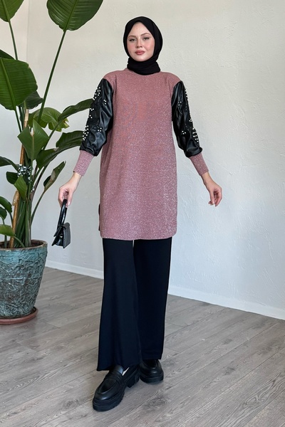 InStyle Πλεκτό χιτώνα Dusty Rose με δερμάτινα μανίκια Glitter