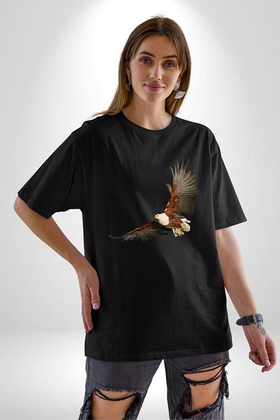 Angemiel Eagle Freedom Cotton Crew Neck Women Men Oversize Boyfriend Digital Printed Black T-shirt
