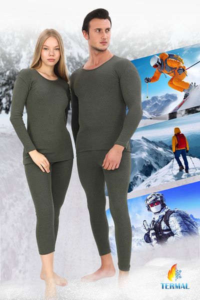 SAUNA SUIT Set de lenjerie de corp termică de iarnă unisex, de sus și de jos, din bumbac, de culoare kaki