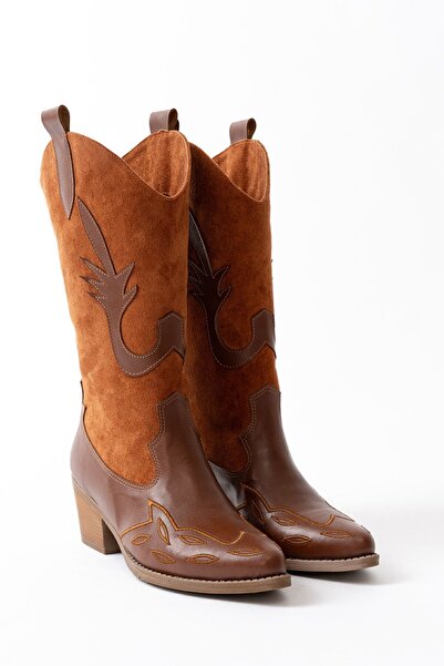 Ms Sugar Γυναικείες μπότες Western - Tan Suede Leather, Κεντημένο σχέδιο