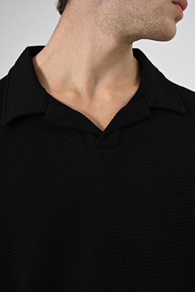 Dembu Polo Yaka Oversize Triko Kazak Siyah