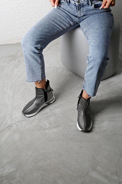 Beyond Kadın Platin Elora Çift Fermuarlı Taş Detaylı Su Geçirmez Paraşüt Bot 4cm BYNDEVV01