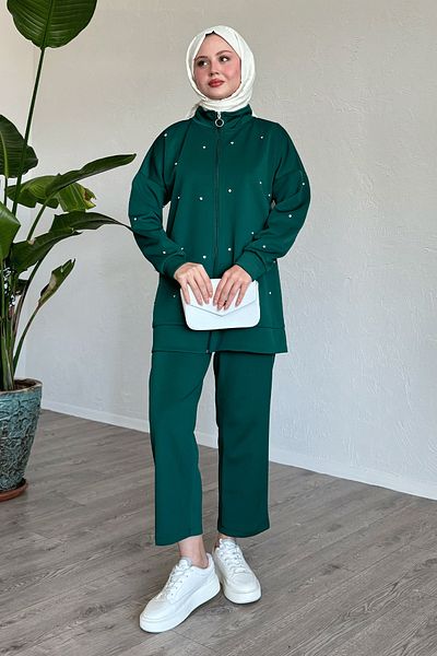 InStyle Stone Detailed Zippered Emerald Green Scuba Set