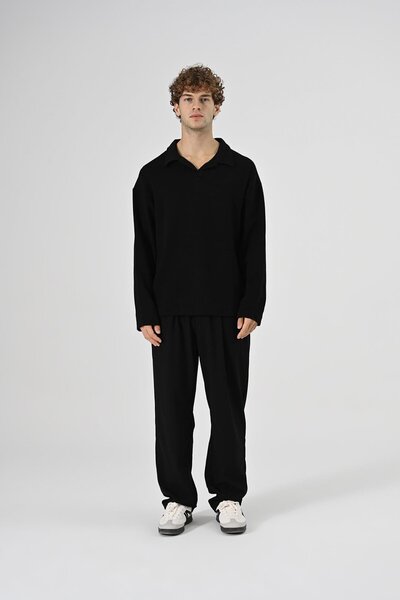 Dembu Polo Yaka Oversize Triko Kazak Siyah