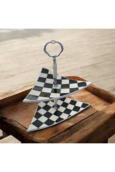 AYGEN Handmade Çini Seramik Sunum İkramlık Organizer 2 Katlı Üçgen 29 cm Past...