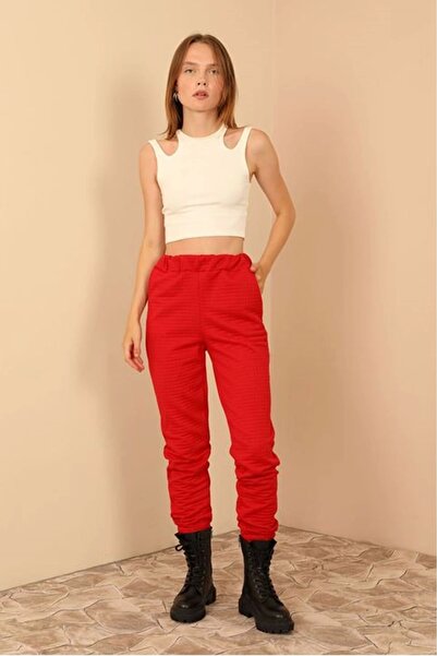 Genel Markalar Kapitone Kumaş Paçası Lastikli Kadın Pantolon Kırmızı