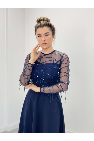 giyimmasalı Üst Saçaklı Payet Alt Double Kumaş Midiboy Elbise