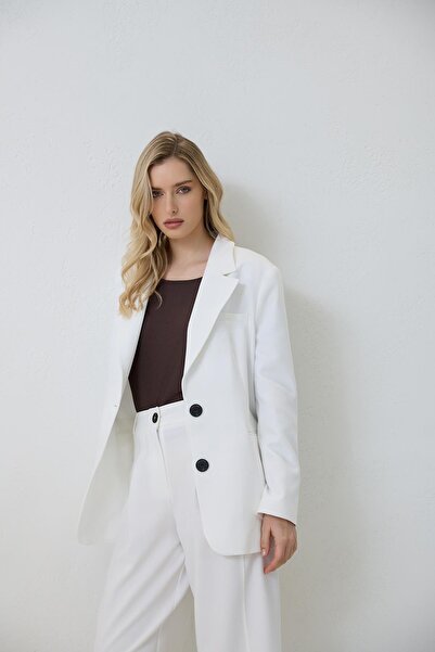 Setre Jachetă ecru cu un singur nasture și detaliu de buzunar