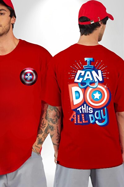 Angemiel Κόκκινο υπερμεγέθη μπλουζάκι Captain America - Ανδρικά και γυναικεία, εμπρός και πίσω με στάμπα, μπορώ να το κάνω όλη μέρα
