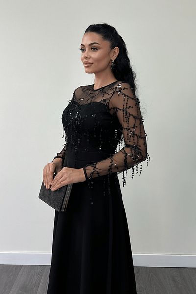 giyimmasalı Top Fringed Sequin Bottom Double Fabric Midiboy Dress - Black