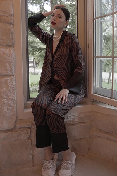 Mita Concept Brown Patterned Satin Women's Pjamas Set