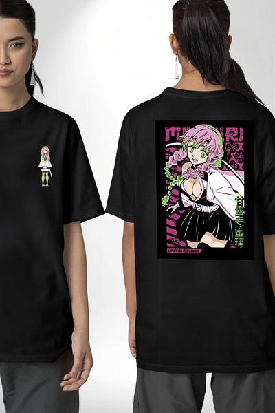 Angemiel Kimetsu No Yaiba Anime Patterned Black Oversize Ti - Mitsuri and Kanroji Printed