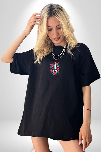 Angemiel Space Rocket Black Oversize T-Shirt - Men and Women, Minimal Printed