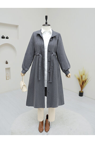 Modamorfo Waist-tied ball button cashmere coat - smoky