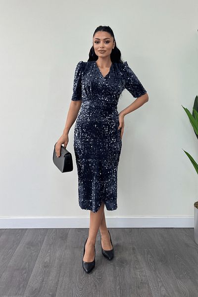 giyimmasalı Velvet Sequin Jacket Dress - Navy Blue
