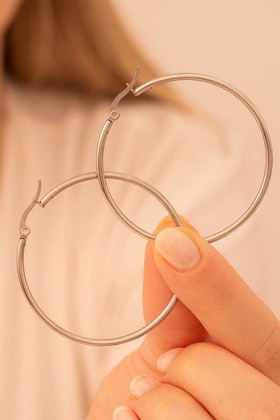 OSMANLI GÜMÜŞ 45mm Hoop Cut Round Steel Women's Earrings - Ottoman Gkpkupekare-Gms