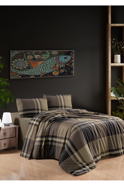 First Choice Firstchoice Veldor Brown - Baskılı Flanel ( Pazen ) Çift Kişilik Nevresim Takımı