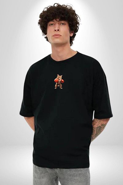 Angemiel Black Oversize Boxing Cat T-Shirt - Minimal Printed, Women and Men