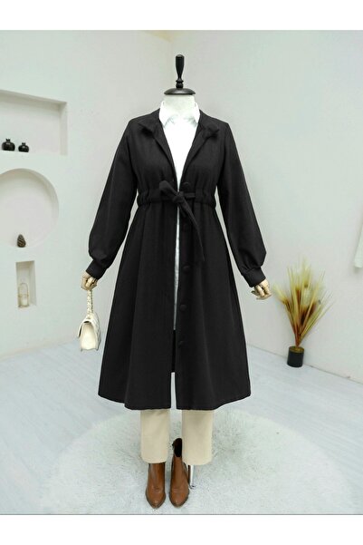 Modamorfo Waist-tied ball button cashmere coat - black
