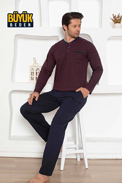 ALİMER Plus Size Men's Pajamas Set - Burgundy Color Long Sleeve Combed Cotton 1204Uyb