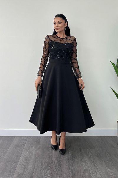 giyimmasalı Top Fringed Sequin Bottom Double Fabric Midiboy Dress - Black