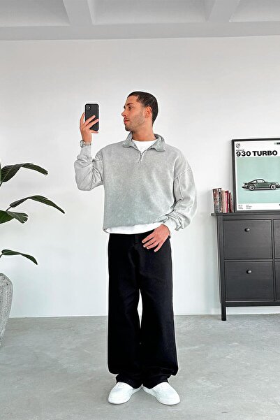 HAFKAGİYİM Ανοιχτό γκρι Acid Wash Φούτερ με μισό φερμουάρ Oversize