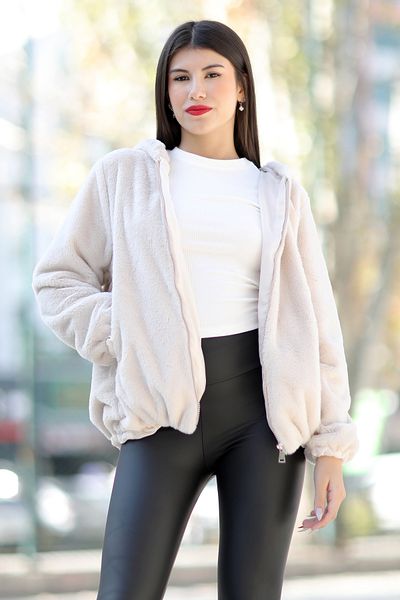 GİYSA Women's Stone Colored Plush Coat with Elastic Skirt - 2609