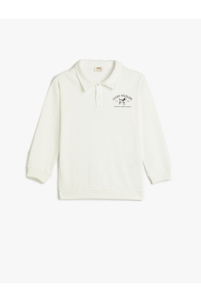 Koton Polo Yaka Sweatshirt Köpek Baskılı Uzun Kollu Pamuklu