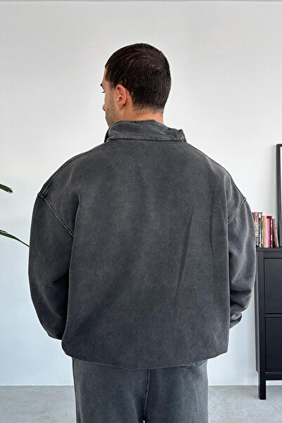 HAFKAGİYİM Φούτερ με μισό φερμουάρ σε σκούρο γκρι χρώμα Acid Wash