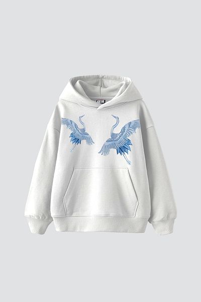 Bak Moda Μπλε γερανός εμπριμέ υπερμεγέθη Unisex Premium λευκό κουκούλα