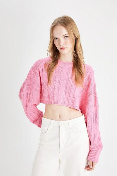 DeFacto Hair Braided Crew Neck Crop kötöttáru pulóver - normál szabású T4518az24wn