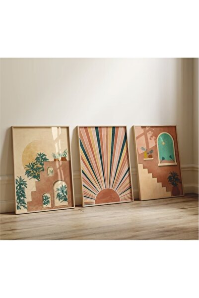 Hagen Çerçeveli Ahşap Tablo Kahve Köşesi Modern Tablo 3lü Set Manzara Tabloları Büyük Salon Tablosu Seti