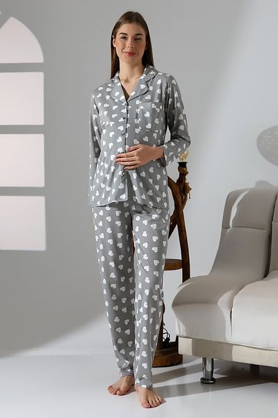 LİKAPA Likapa Combed Cotton Front Buttoned Maternity Long Sleeve Pajama Set