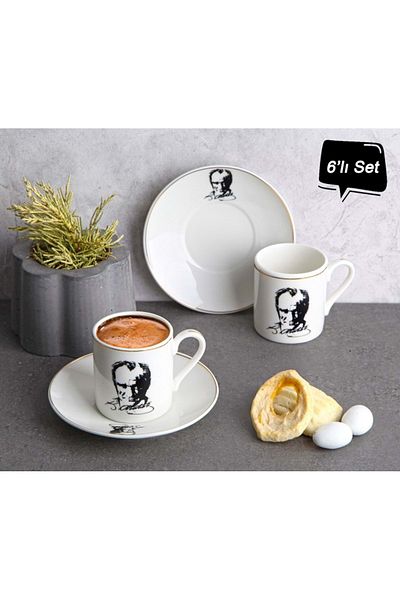 Jenisa Ataturk Signed Gold Detailed Turkish Coffee Set for 6 People 12 Pieces