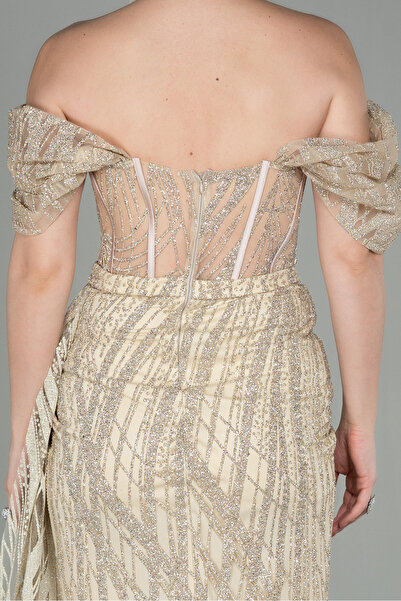 Abiyefon Gold Boat Neck Slit Long Glitter Evening Dress Abu2706