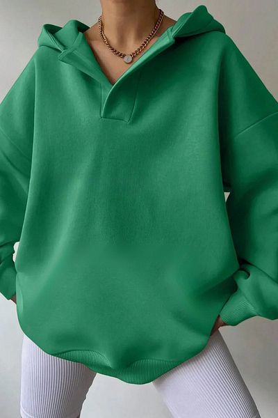 Know Women's 3 Thread Green Relax Collar Detail Oversize Hooded Sweatshirt