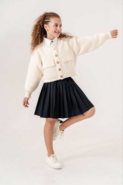 LOCO LOCO سترة بومبر تريكو ملتحية للفتيات بعمر 9-15 سنة مع جيوب