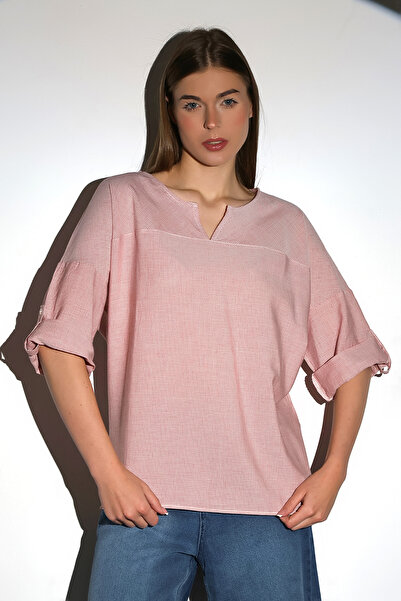 DİVİSTA Red Women's T-Shirt - Short Sleeve and Collar Detail