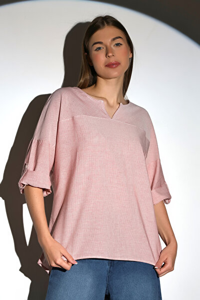 DİVİSTA Red Women's T-Shirt - Short Sleeve and Collar Detail