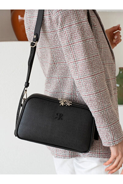 eflanmoda Polo de culori negru cu mai multe compartimente geanta de umar cu u...