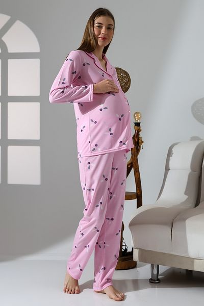 LİKAPA Likapa Combed Cotton Front Buttoned Maternity Long Sleeve Pajama Set