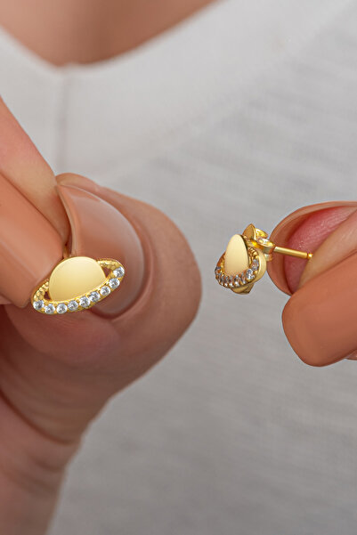 Nereze 925 Ayar Gümüş Gold Kaplama Minik Beyaz Zirkon Taşlı Gezegen Küpe