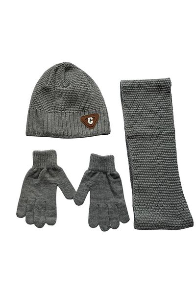 Kitti 9-15 Years Boy Gray Beanie Scarf Set of 3 - Non-Fleece Acrylic Gloves