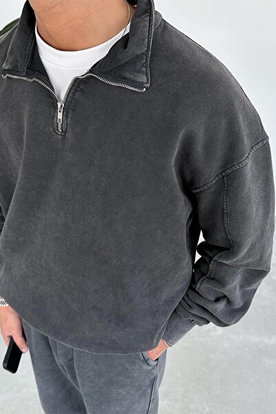 HAFKAGİYİM Φούτερ με μισό φερμουάρ σε σκούρο γκρι χρώμα Acid Wash