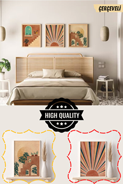 Hagen Çerçeveli Ahşap Tablo Kahve Köşesi Modern Tablo 3lü Set Manzara Tabloları Büyük Salon Tablosu Seti