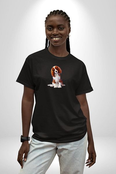 Angemiel Cavalier King Charles Spaniel Pattern Black Oversize T-Shirt - Women/Men, Minimal Printed