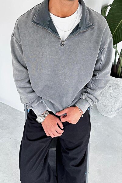 HAFKAGİYİM Γκρι φούτερ με μισό φερμουάρ Oversize
