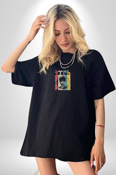 Angemiel Ataturk Signed Black Oversize T-Shirt - Turkish Logo, Minimal Printed, Men's and Women's