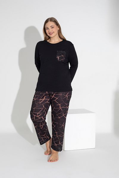ModaLeaf Set pijama neagră cu mânecă lungă cu model geometric 109