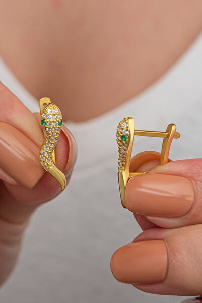 Nereze 925 Ayar Gümüş Gold Kaplama Zirkon Taşlı Yılan Model Küpe